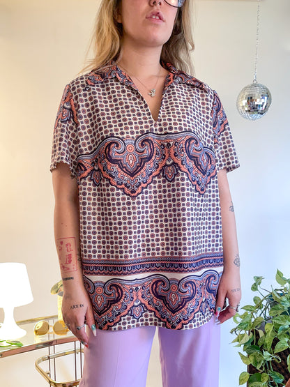 70s Ornate Printed Polo Top (XXL)