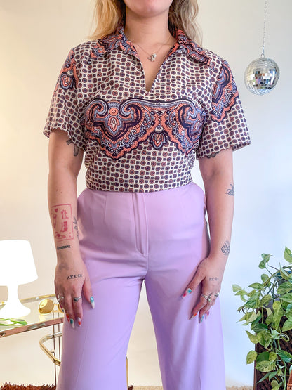 70s Ornate Printed Polo Top (XXL)