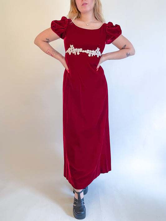 Size 6/8 60s Red Velvet Puff Sleeve Maxi Dress