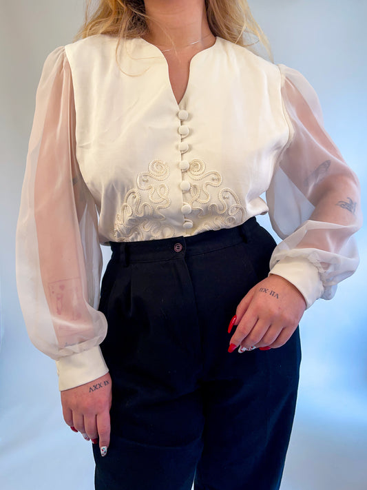 M/L 80s Sheer Sleeve Embroidered Blouse