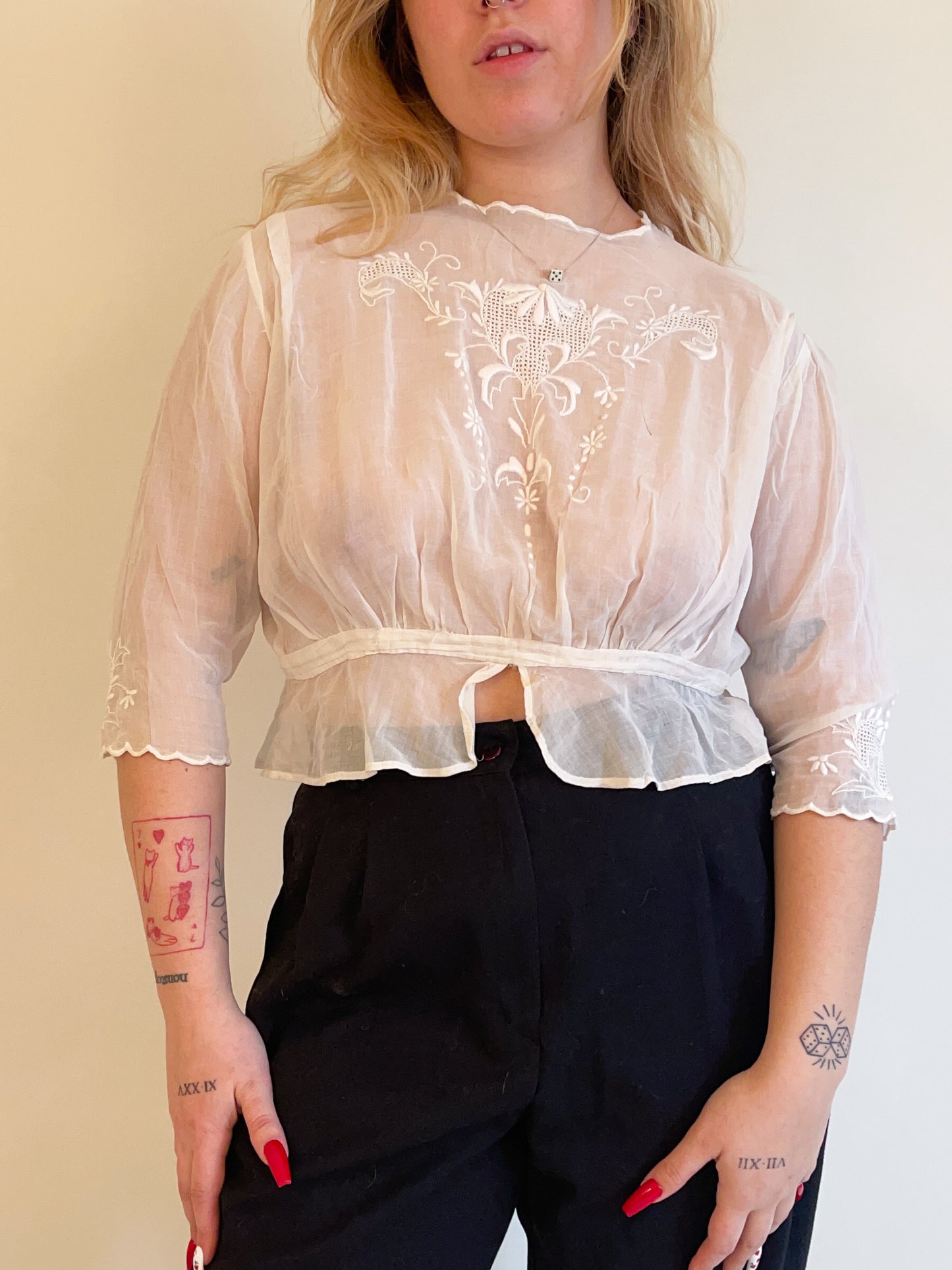 S Antique Edwardian Sheer Embroidered Blouse