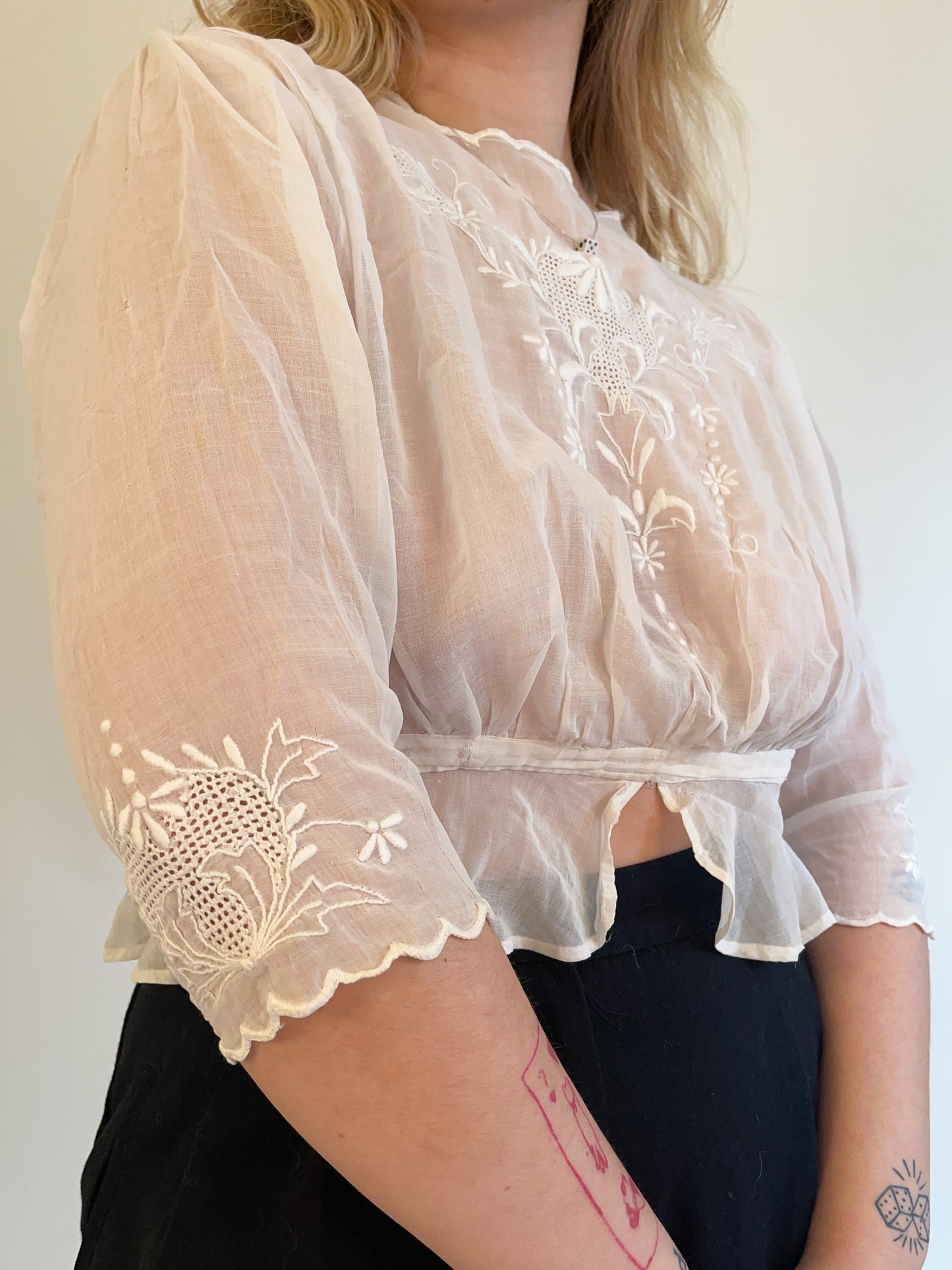 S Antique Edwardian Sheer Embroidered Blouse