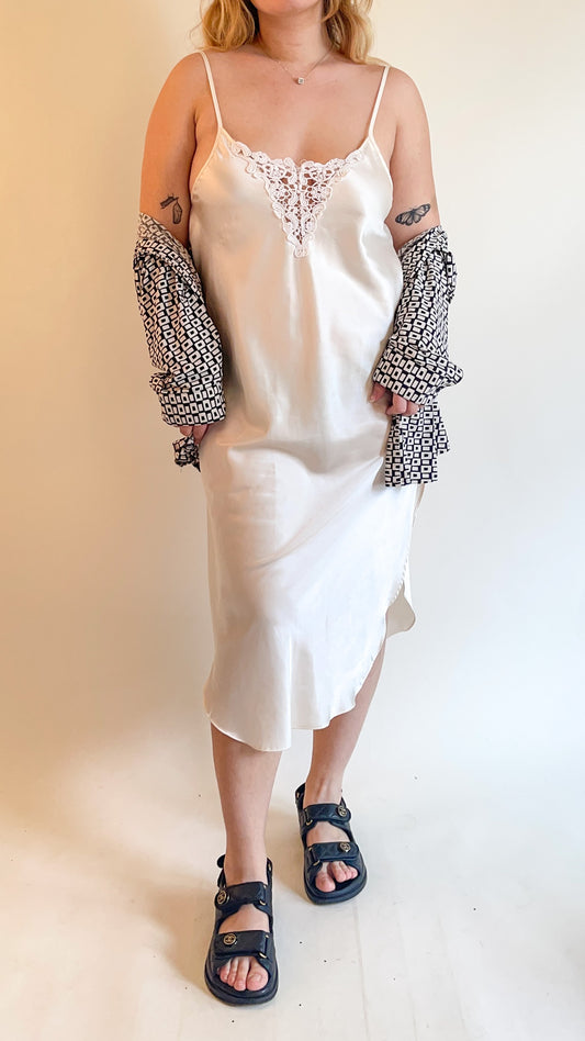 90s White Satin Slip Dress (M)