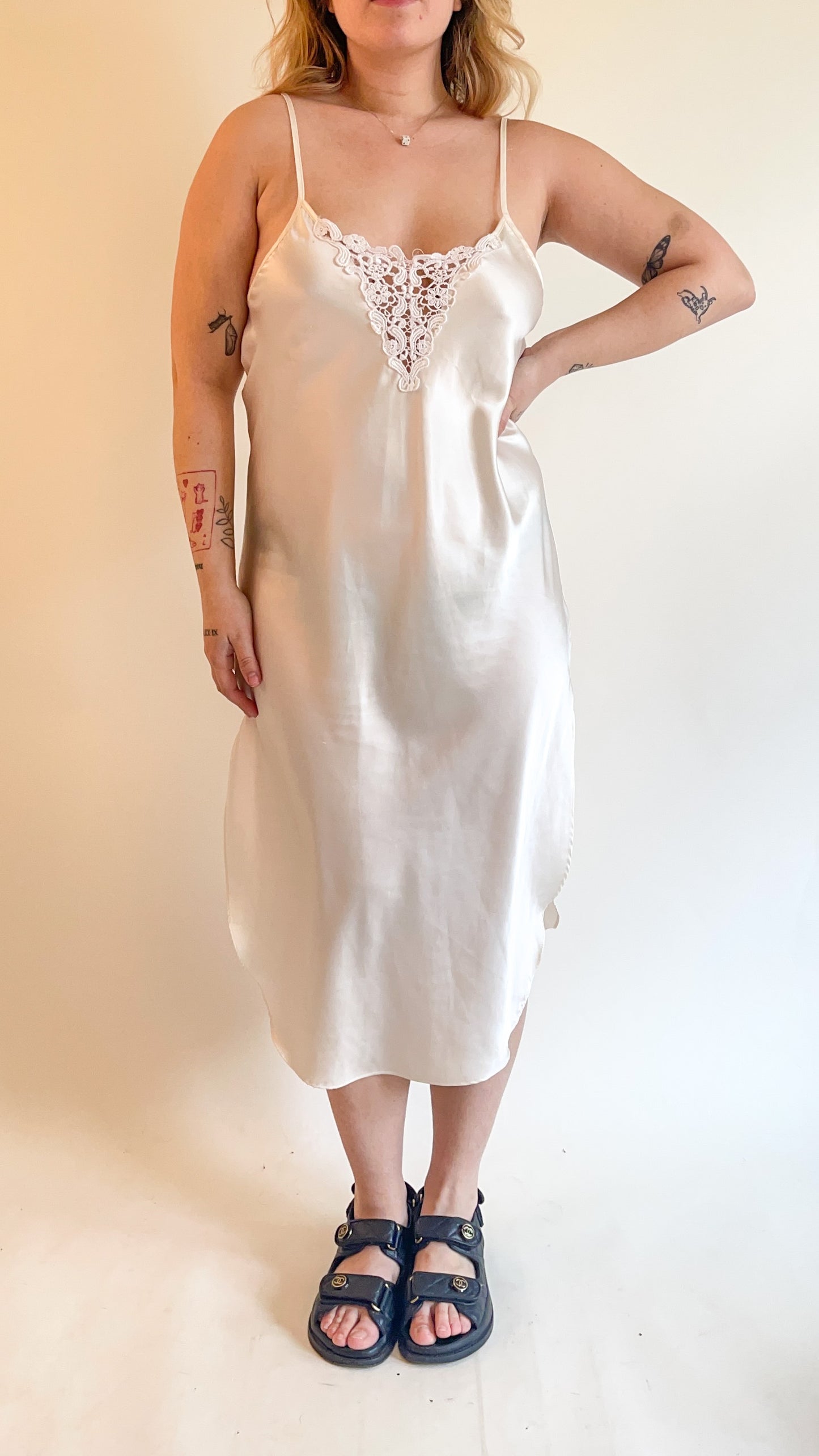 90s White Satin Slip Dress (M)