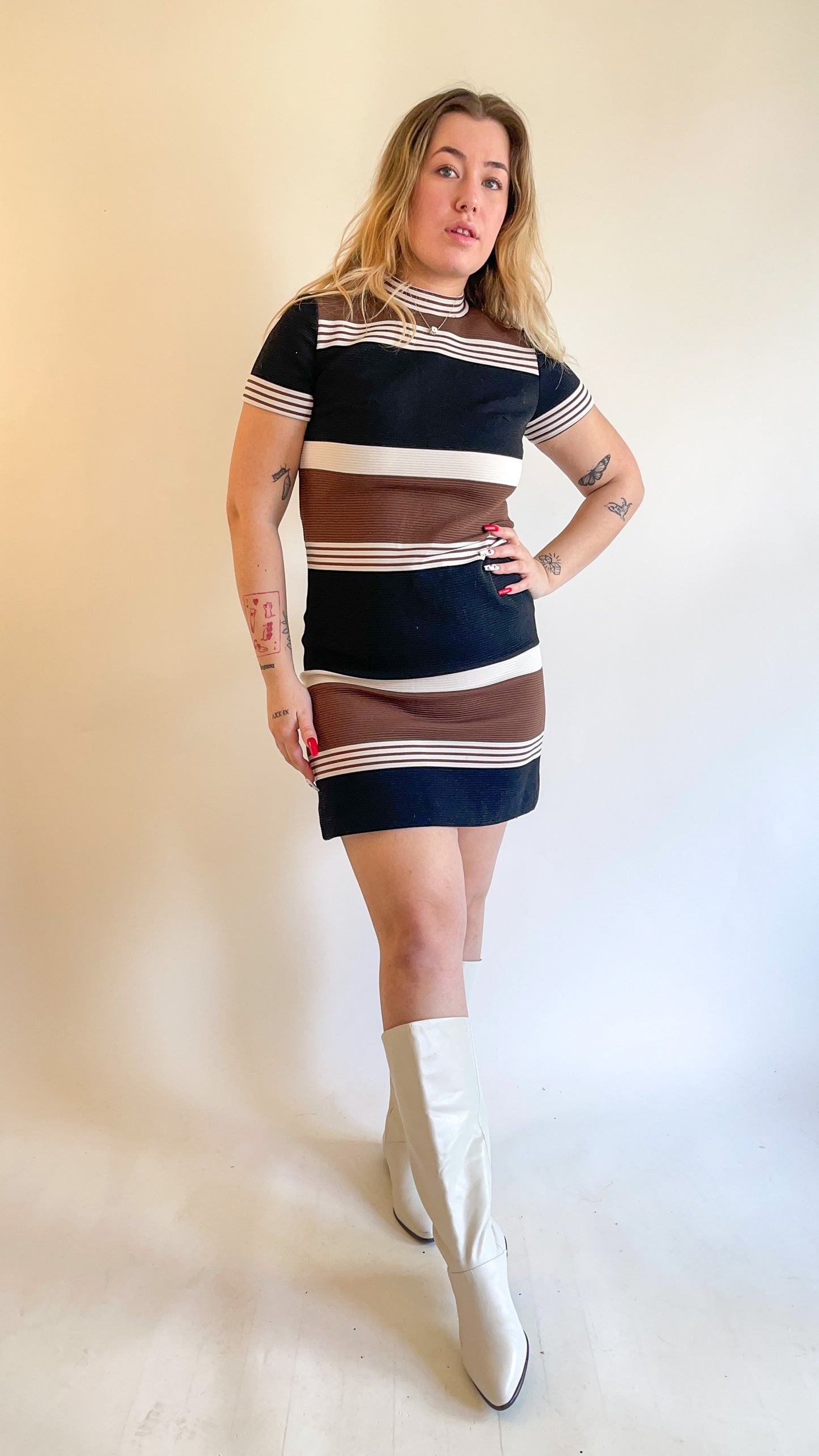 60s Neutral Striped Mini Dress (M)