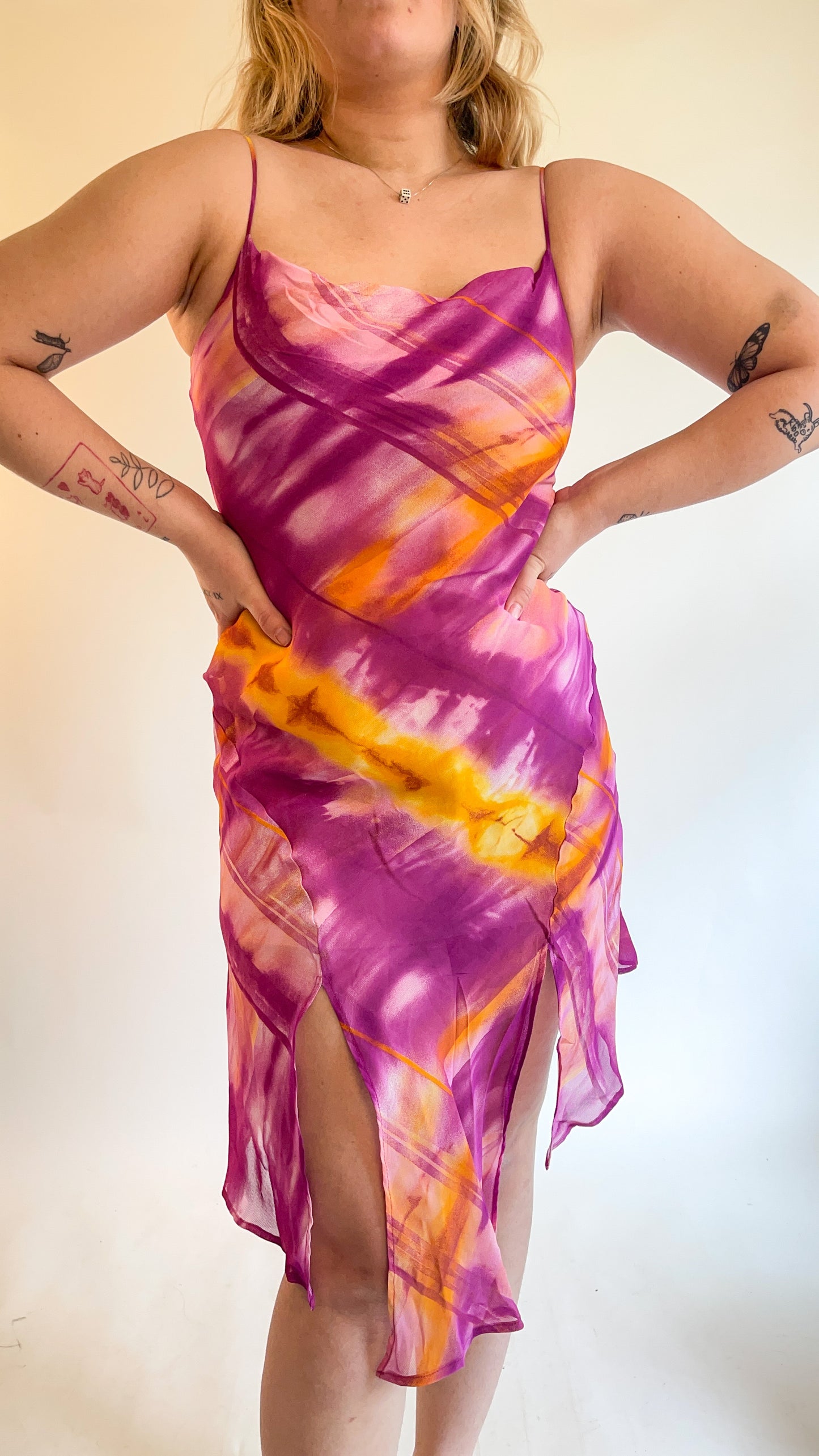 90s Pink & Orange Watercolor Midi Dress (XS/S)