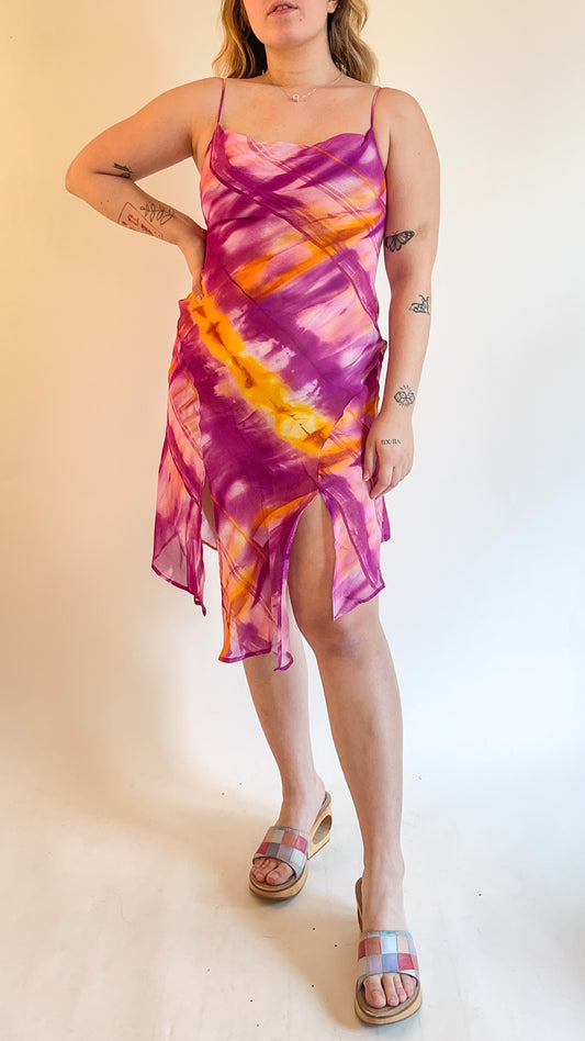 90s Pink & Orange Watercolor Midi Dress (XS/S)