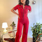 70s Cherry Red Bell Bottom Zip Up Jumpsuit (XS/S)