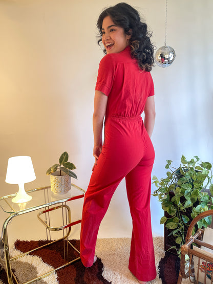 70s Cherry Red Bell Bottom Zip Up Jumpsuit (XS/S)