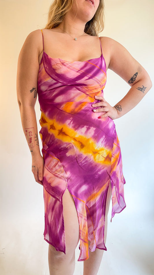 90s Pink & Orange Watercolor Midi Dress (XS/S)
