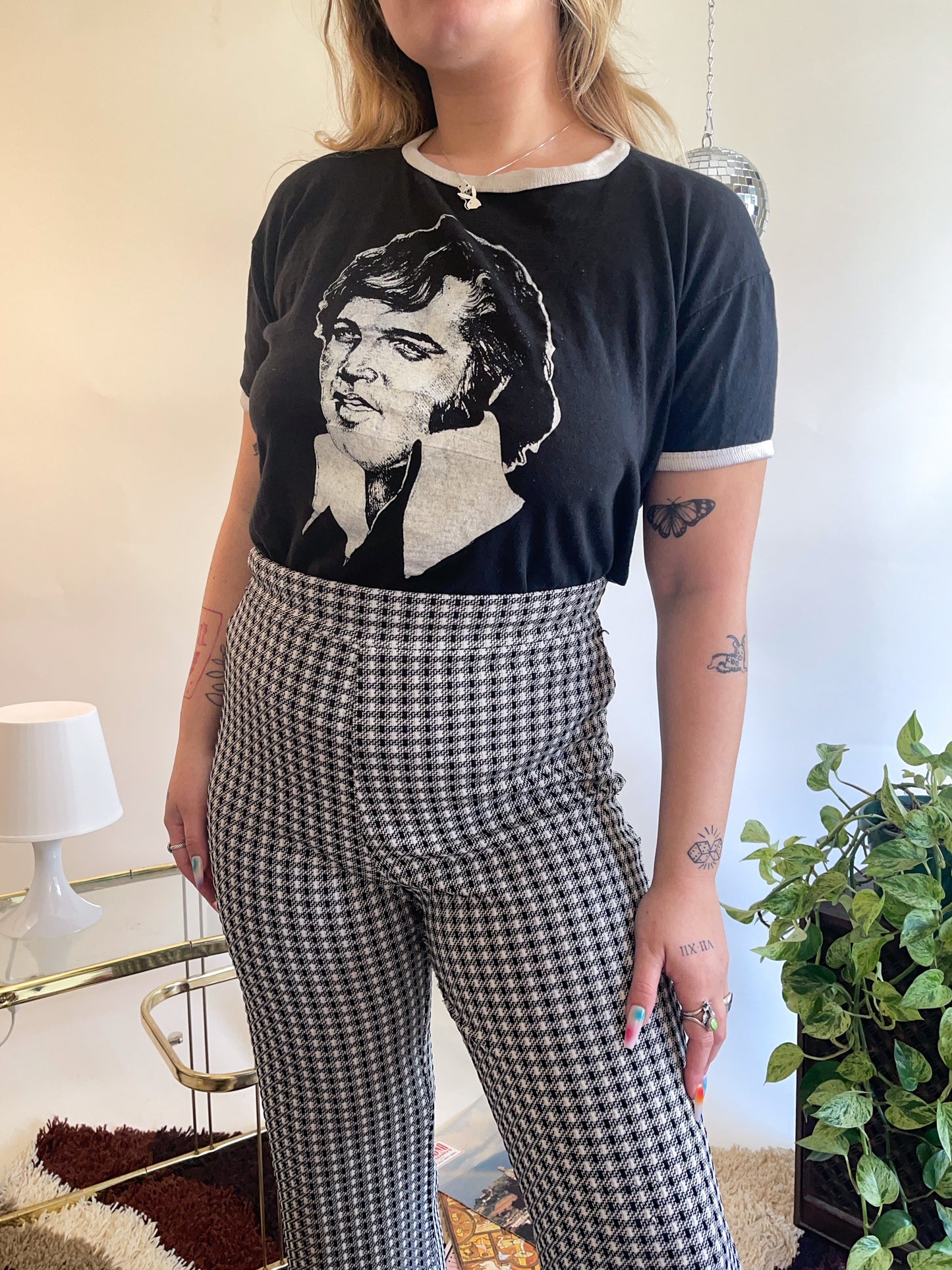 70s Black & White Elvis Graphic Ringer T-Shirt