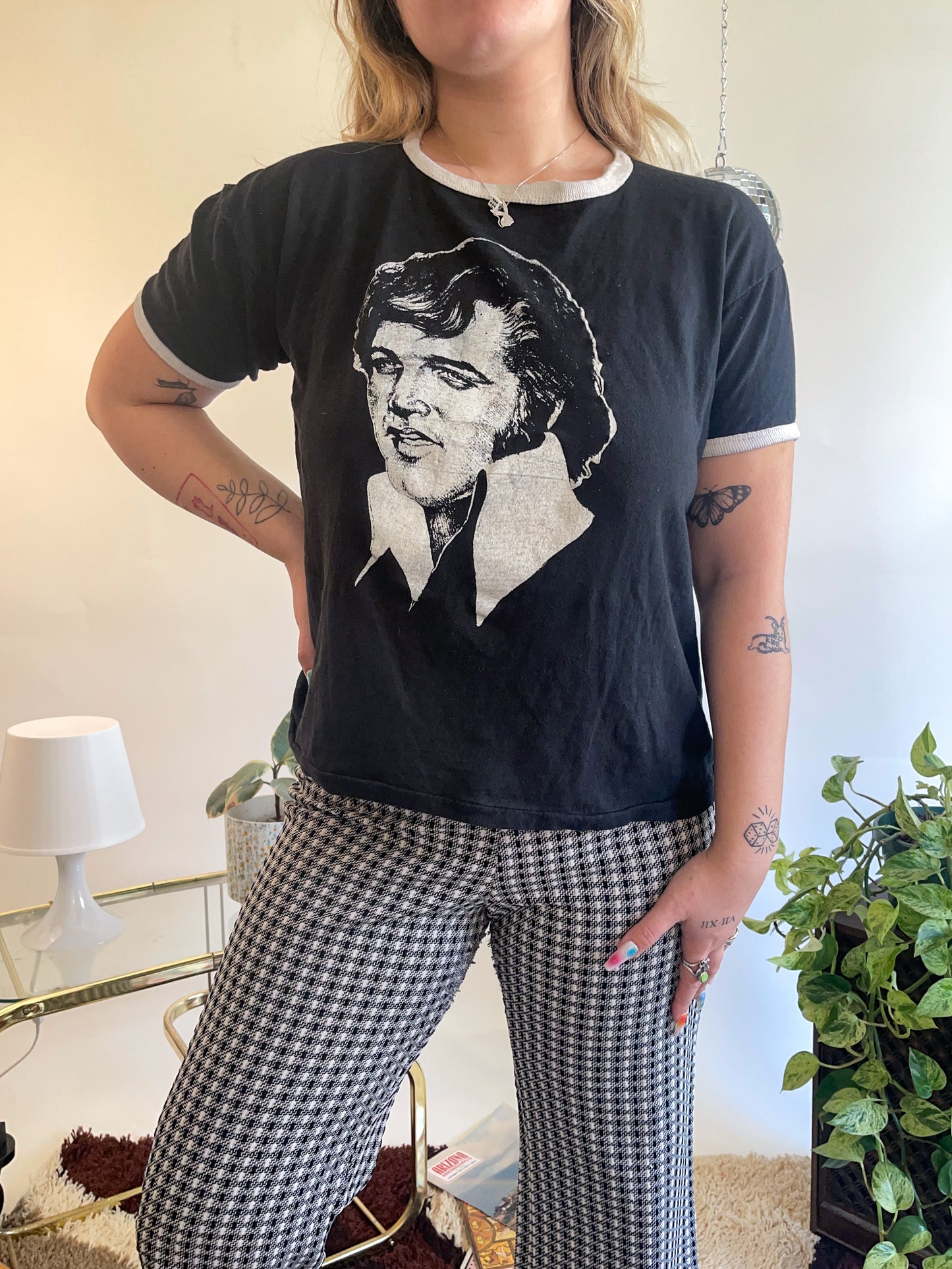 70s Black & White Elvis Graphic Ringer T-Shirt
