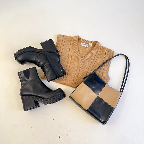 90s Tan & Black Checkered Shoulder Bag