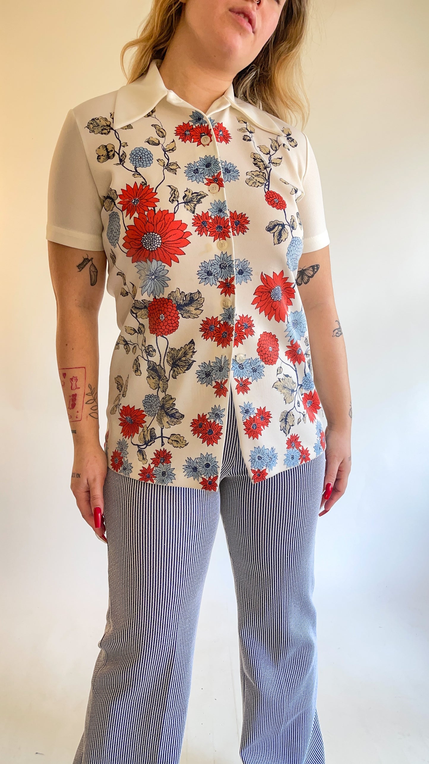 70s Poly Doubleknit Floral Button Up (M)