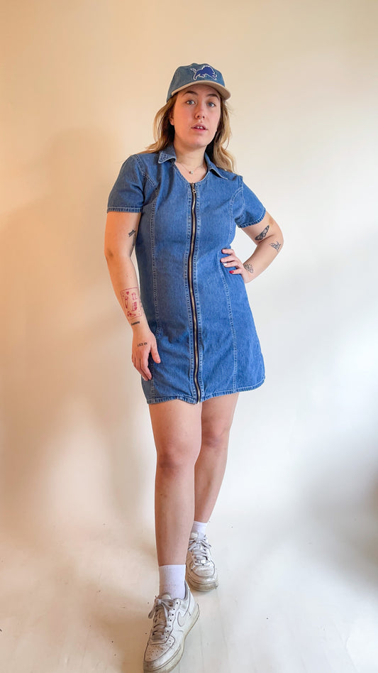 90s Denim Zip Up Mini Dress (M)