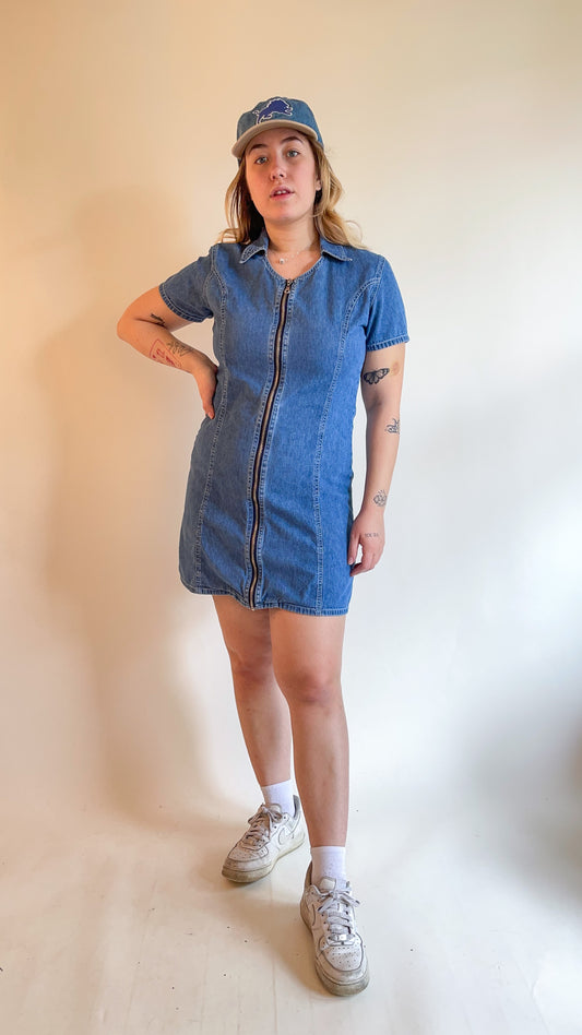 90s Denim Zip Up Mini Dress (M)