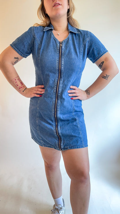 90s Denim Zip Up Mini Dress (M)