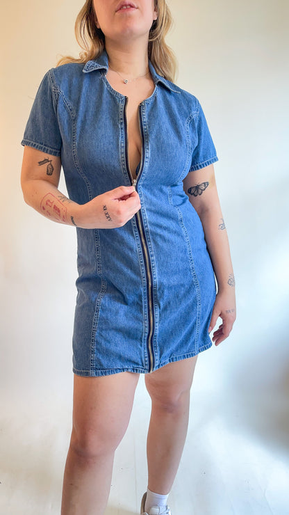90s Denim Zip Up Mini Dress (M)