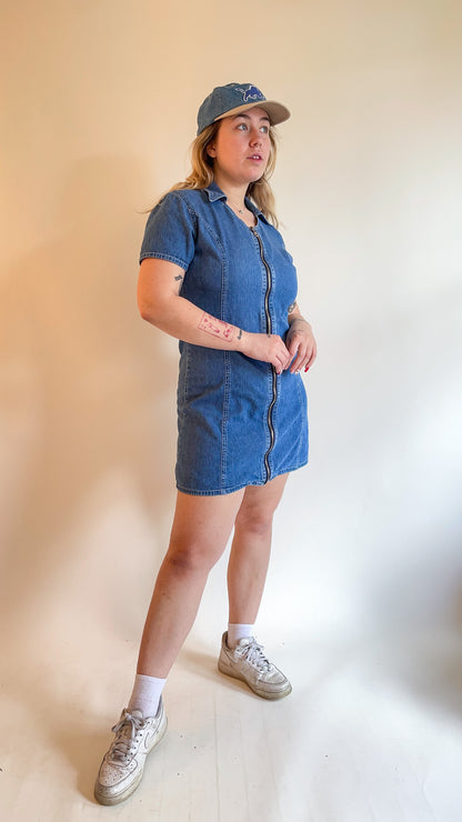 90s Denim Zip Up Mini Dress (M)