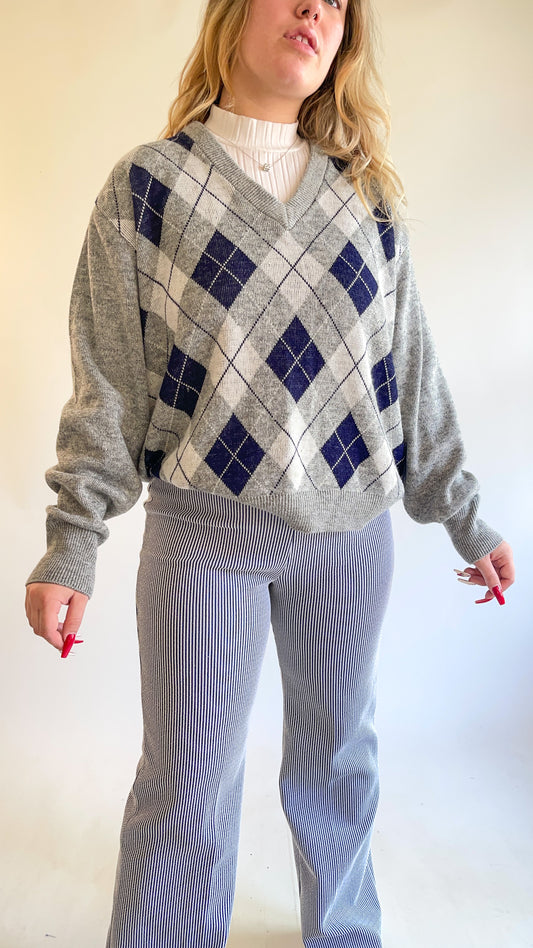 70s Gray & Navy Argyle Sweater (M/L)