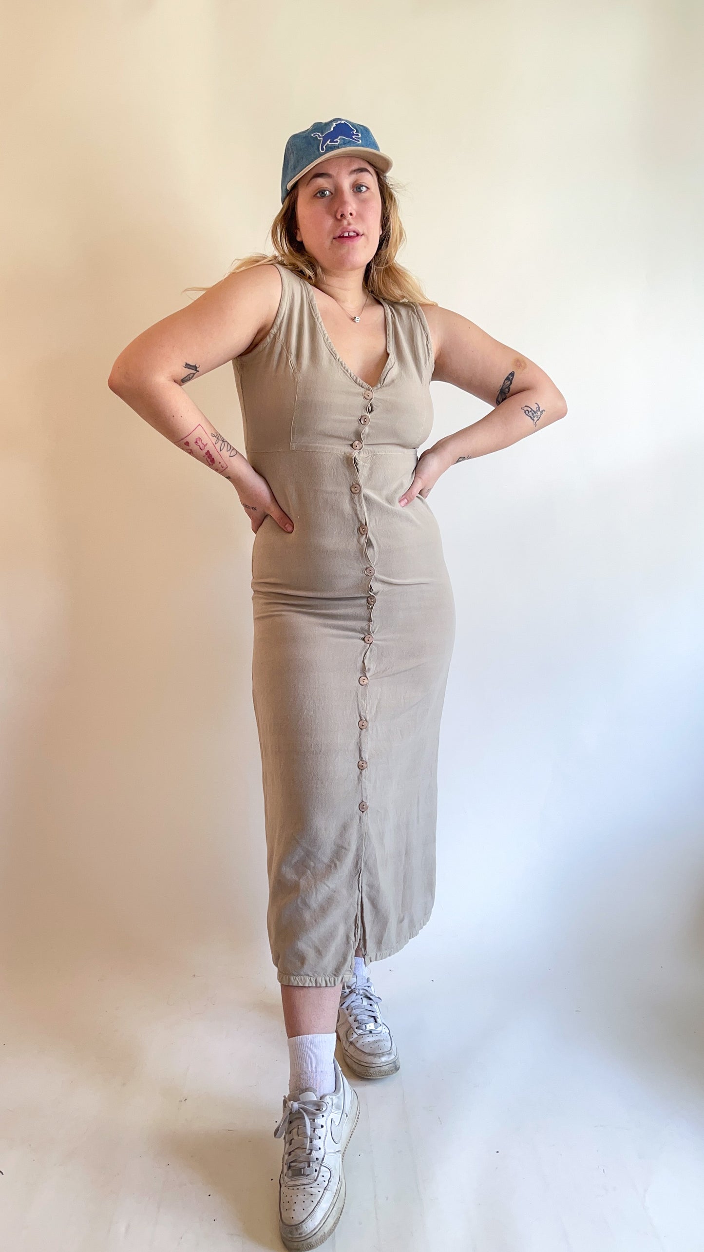 90s Tan Button Up Maxi Dress (S)