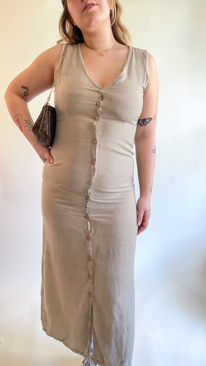 90s Tan Button Up Maxi Dress (S)