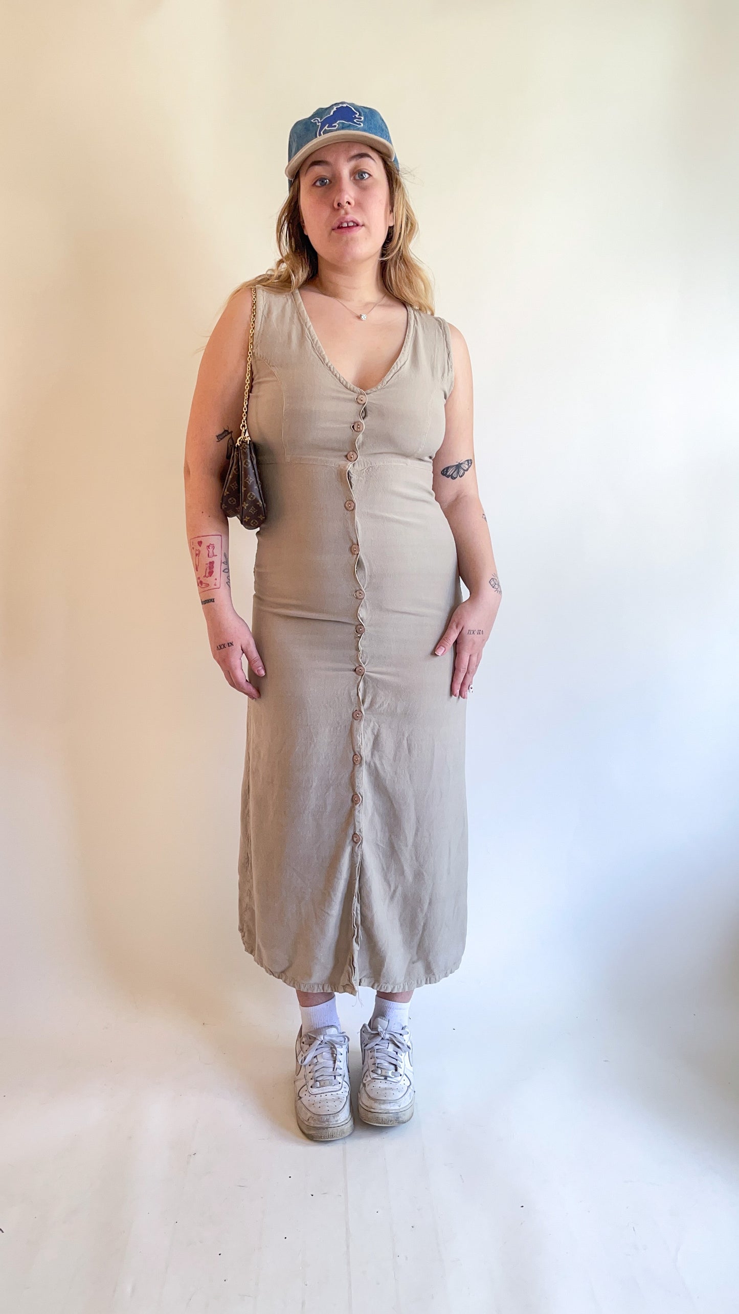 90s Tan Button Up Maxi Dress (S)