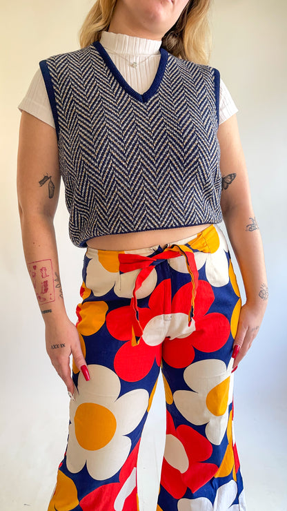 70s Navy Blue Herringbone Sweater Vest (M)