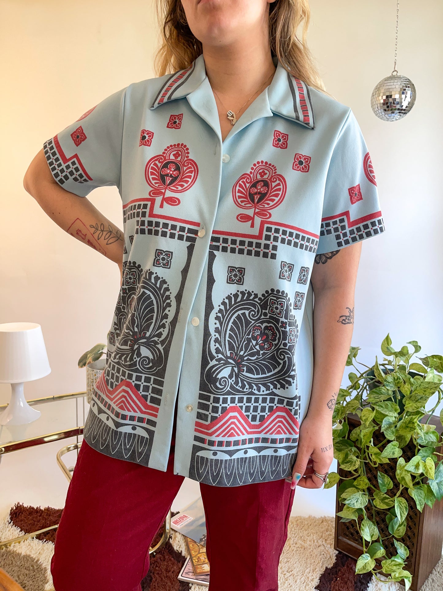 70s Double Knit Ornate Printed Shirt (L)