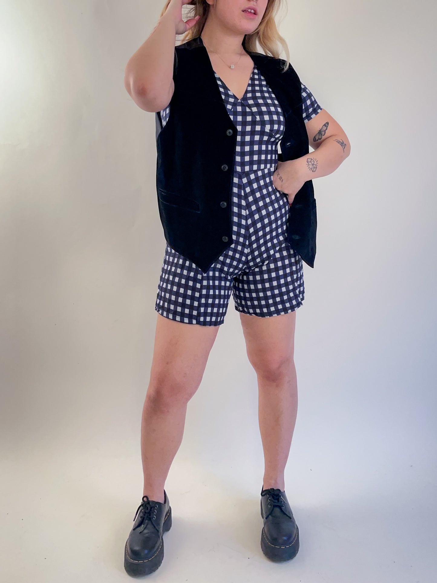 90s Navy & White Gingham Romper (S)