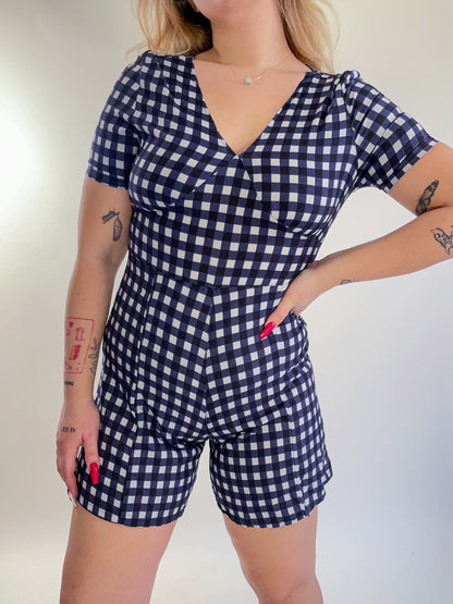 90s Navy & White Gingham Romper (S)