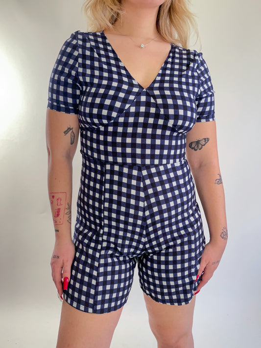 90s Navy & White Gingham Romper (S)