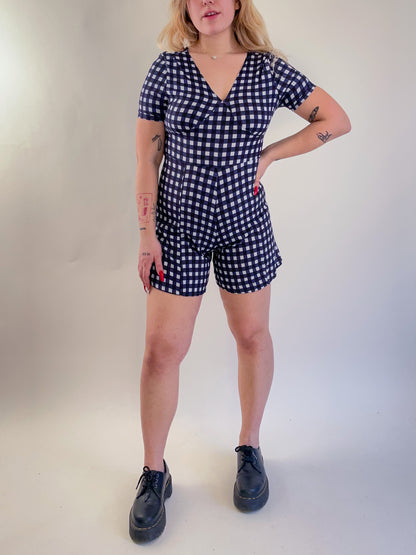 90s Navy & White Gingham Romper (S)