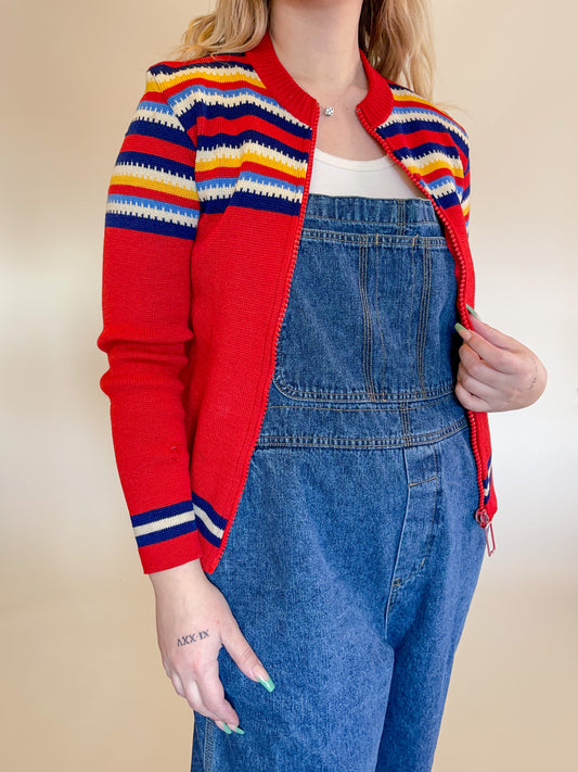 S/M 70s Rainbow Wool Zip-Up Cardigan