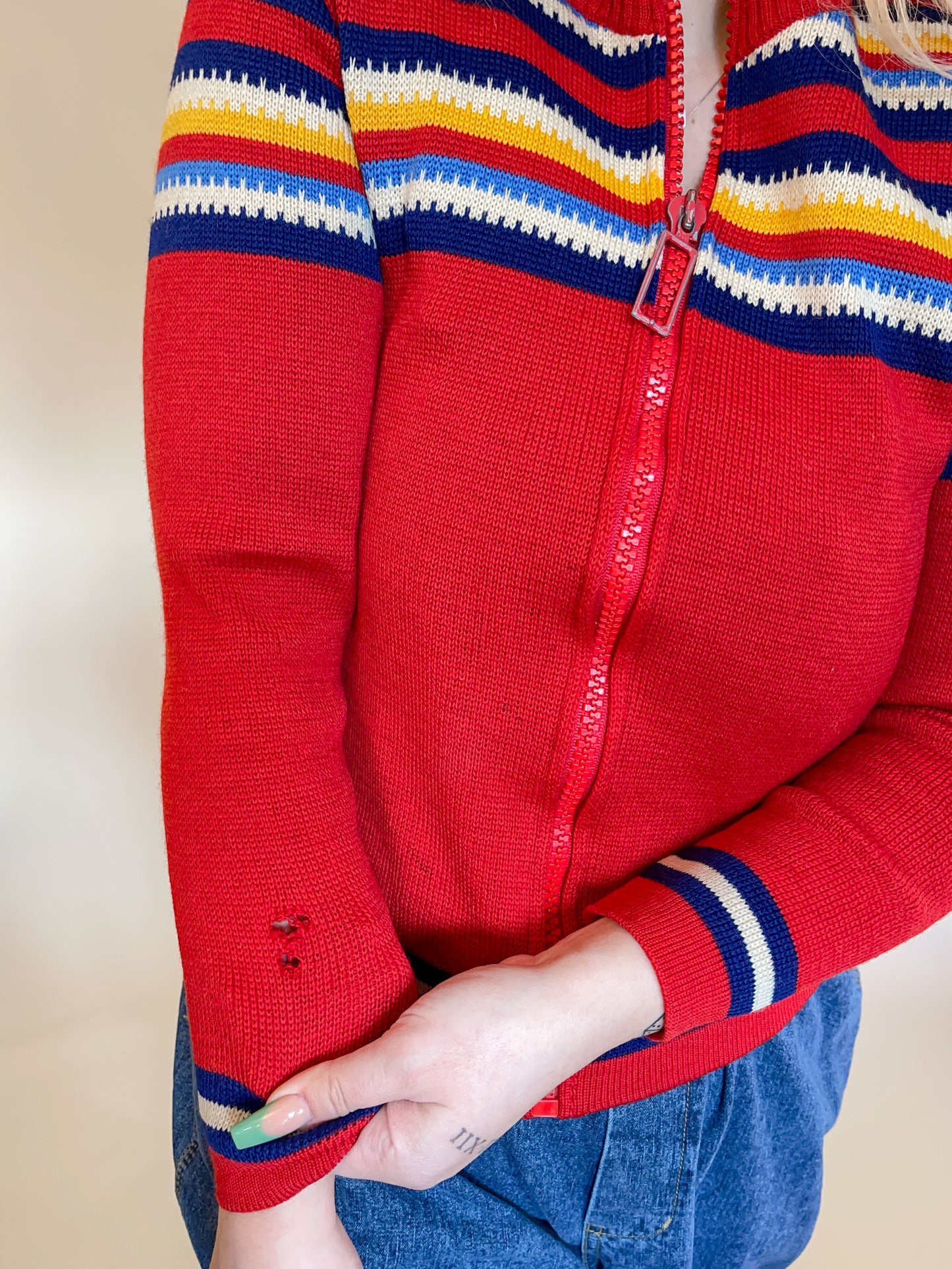 S/M 70s Rainbow Wool Zip-Up Cardigan