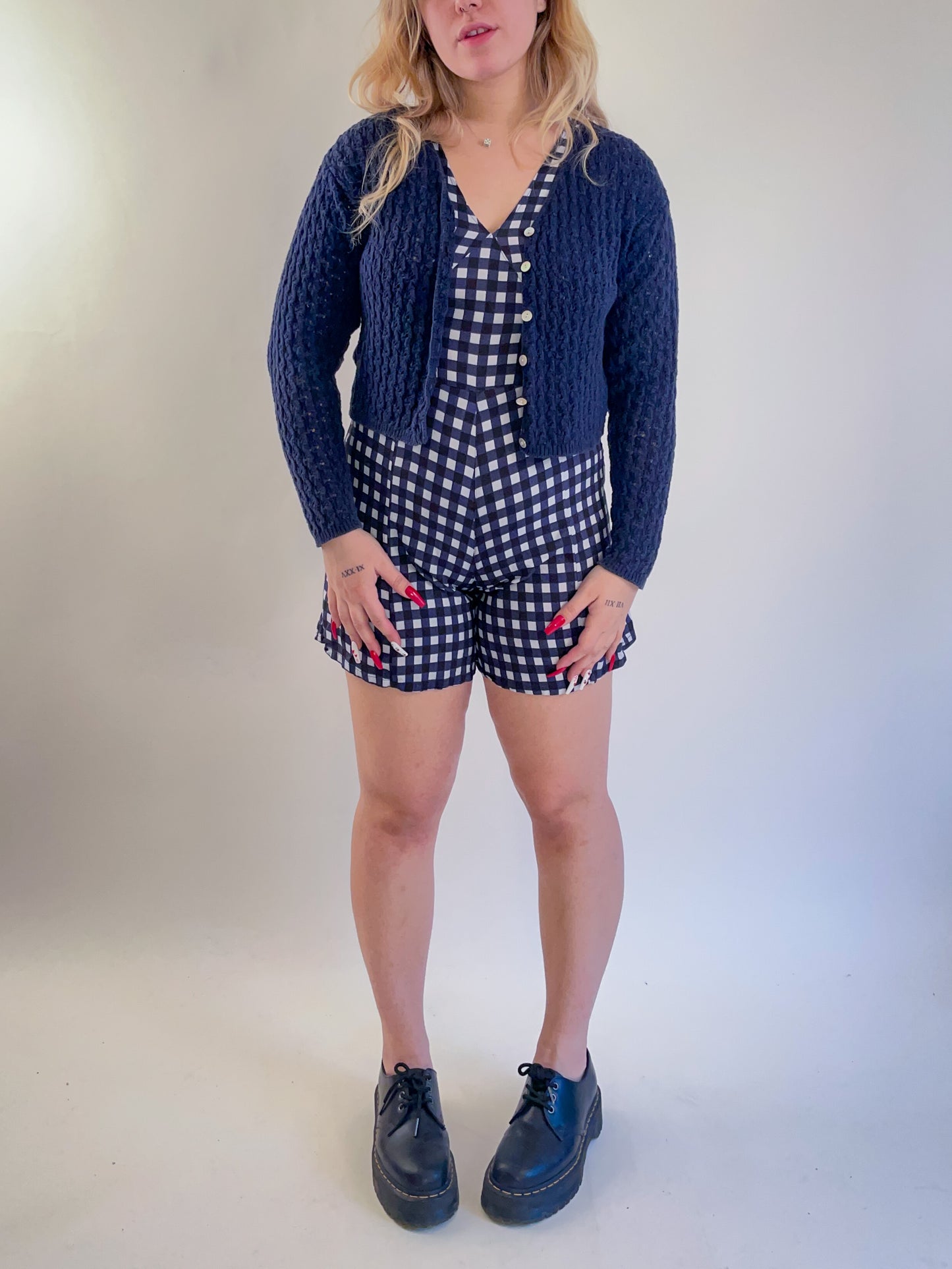 90s Navy & White Gingham Romper (S)