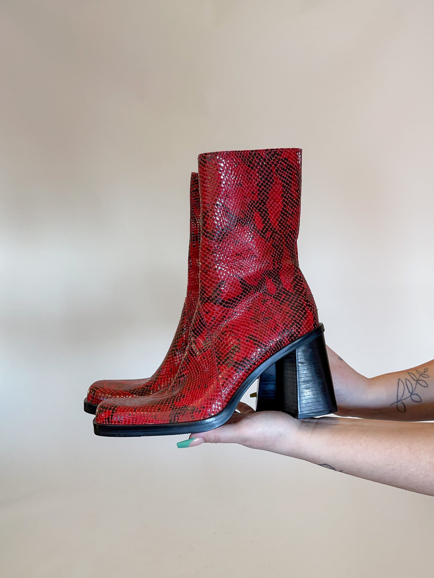 Size 8.5 90s Red Snake Skin Print Genuine Leather Boots