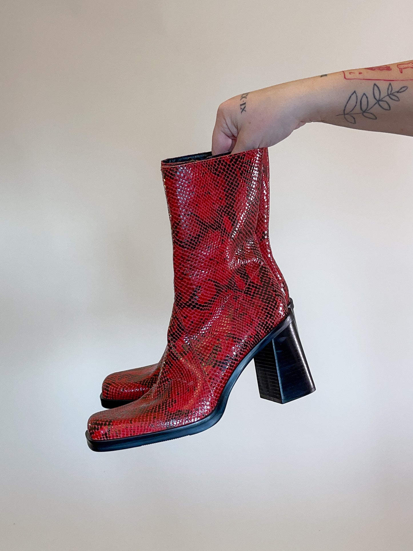 Size 8.5 90s Red Snake Skin Print Genuine Leather Boots