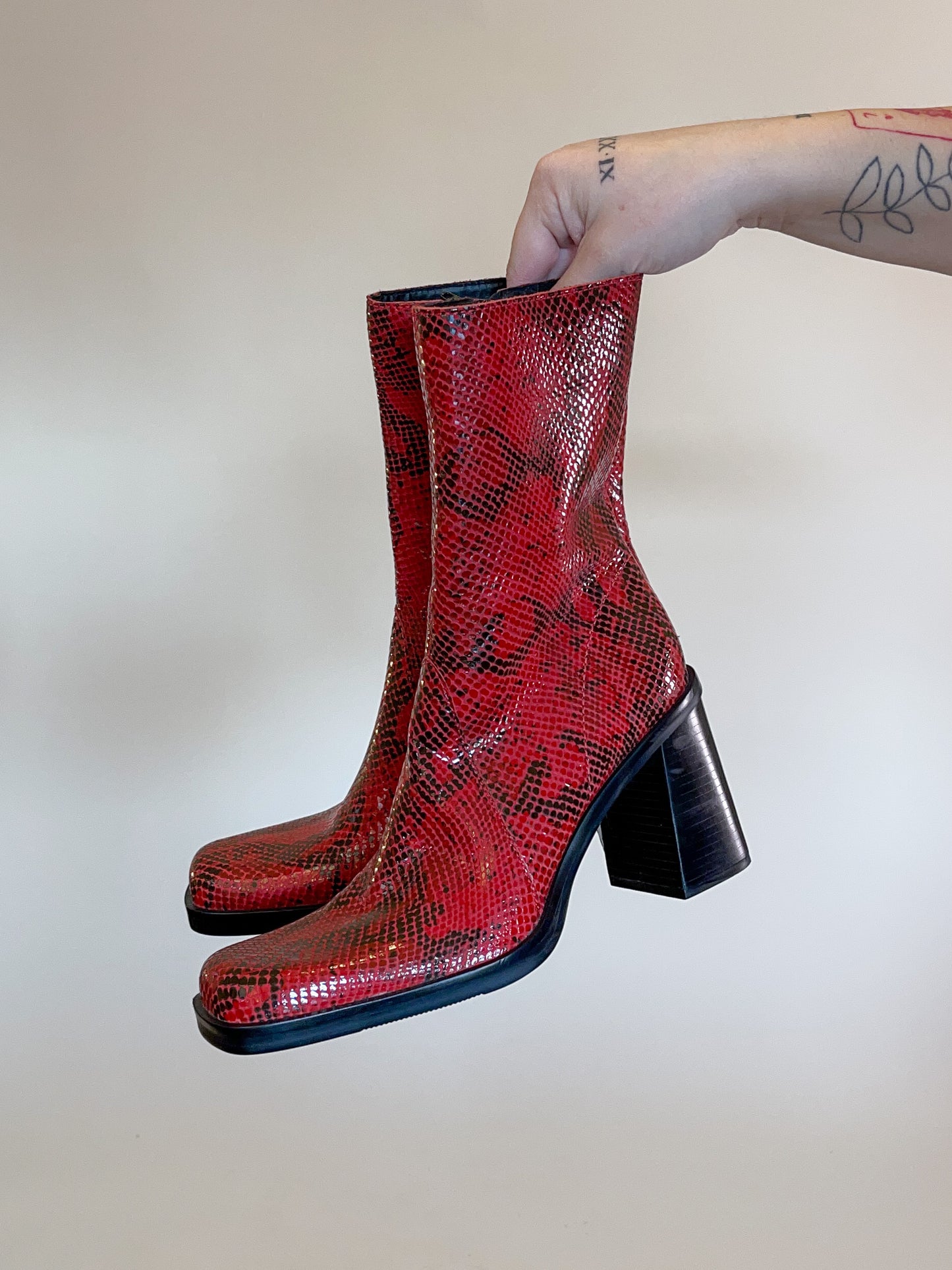 Size 8.5 90s Red Snake Skin Print Genuine Leather Boots