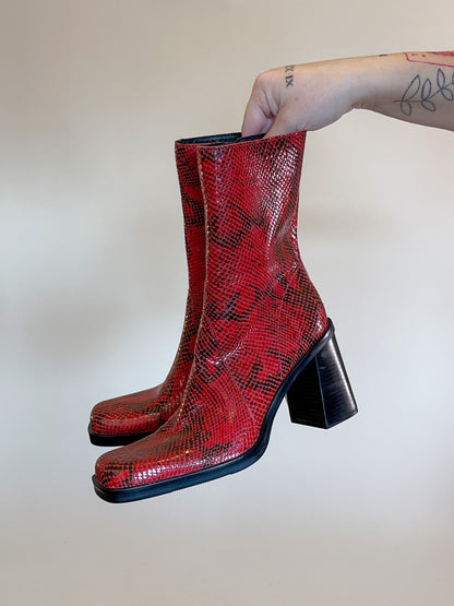 Size 8.5 90s Red Snake Skin Print Genuine Leather Boots