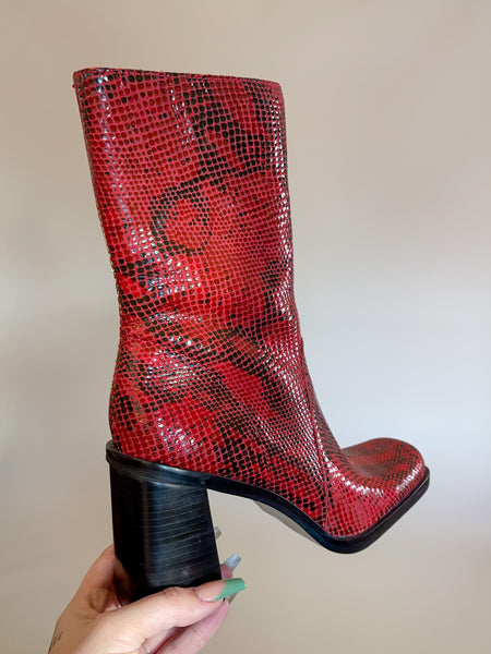 Size 8.5 90s Red Snake Skin Print Genuine Leather Boots