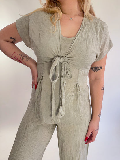 90s Beige Checked Crepe Tie Front Jumpsuit (M)