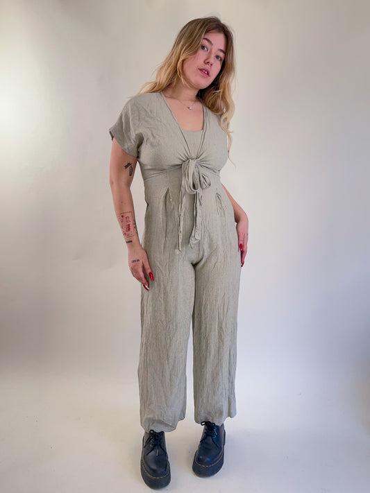 90s Beige Checked Crepe Tie Front Jumpsuit (M)