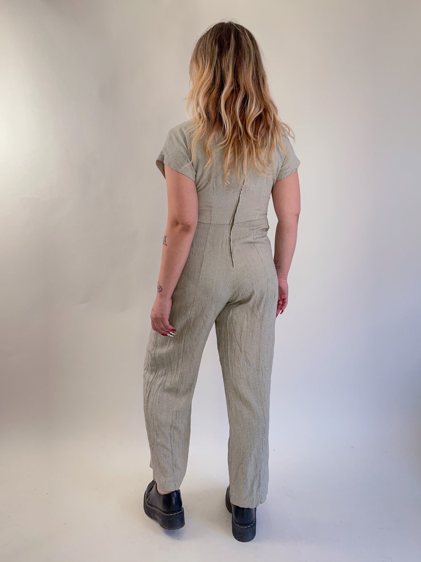 90s Beige Checked Crepe Tie Front Jumpsuit (M)