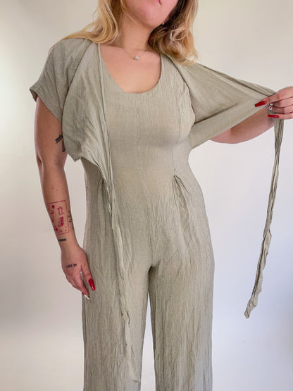 90s Beige Checked Crepe Tie Front Jumpsuit (M)