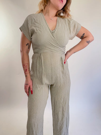 90s Beige Checked Crepe Tie Front Jumpsuit (M)
