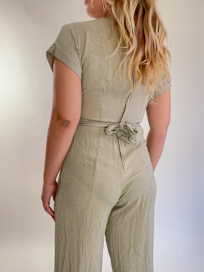 90s Beige Checked Crepe Tie Front Jumpsuit (M)