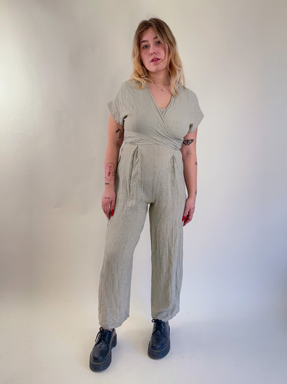90s Beige Checked Crepe Tie Front Jumpsuit (M)