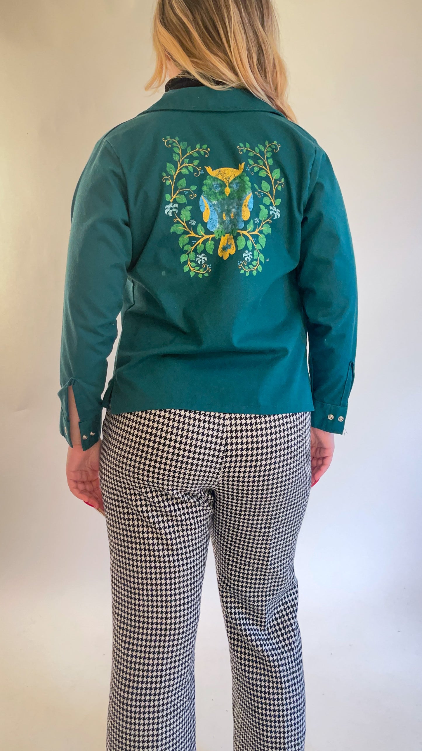 70s Forest Green Owl Graphic Snap Shirt (XS)