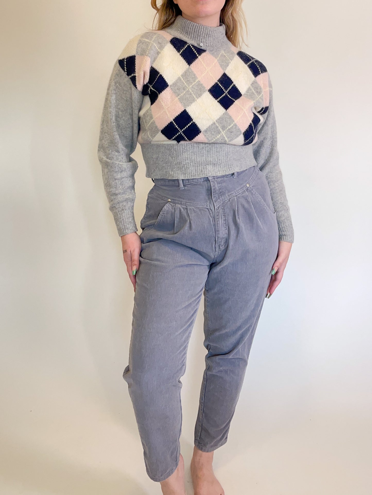 W30” 80s Grey Corduroy High Waisted Pleated Pants